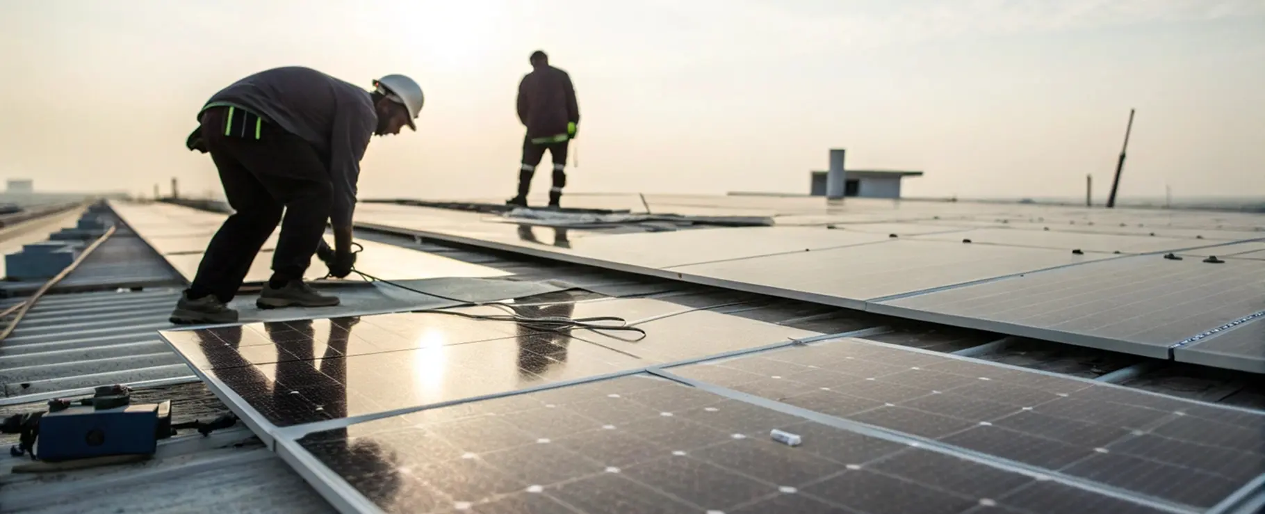 Män inspekterar solceller