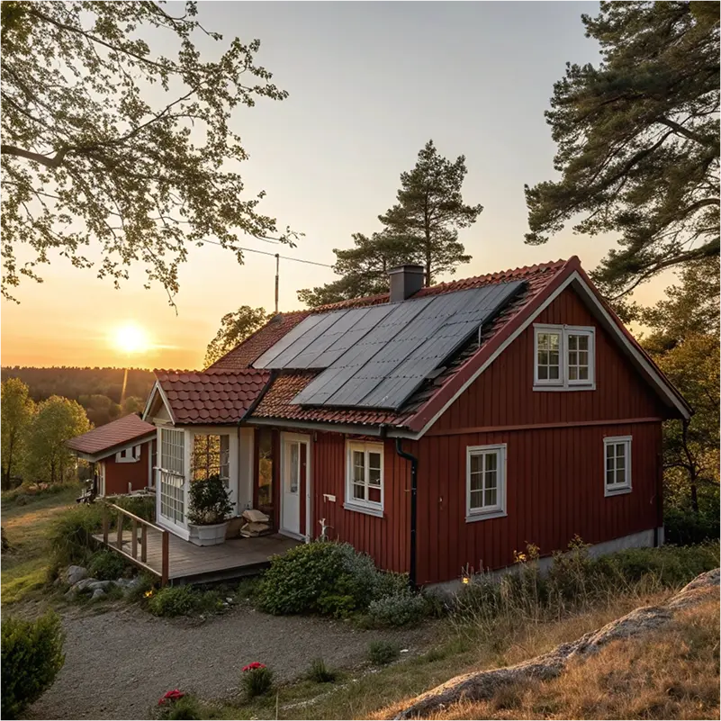 Hus med solcellsinstallation i sommarmiljö