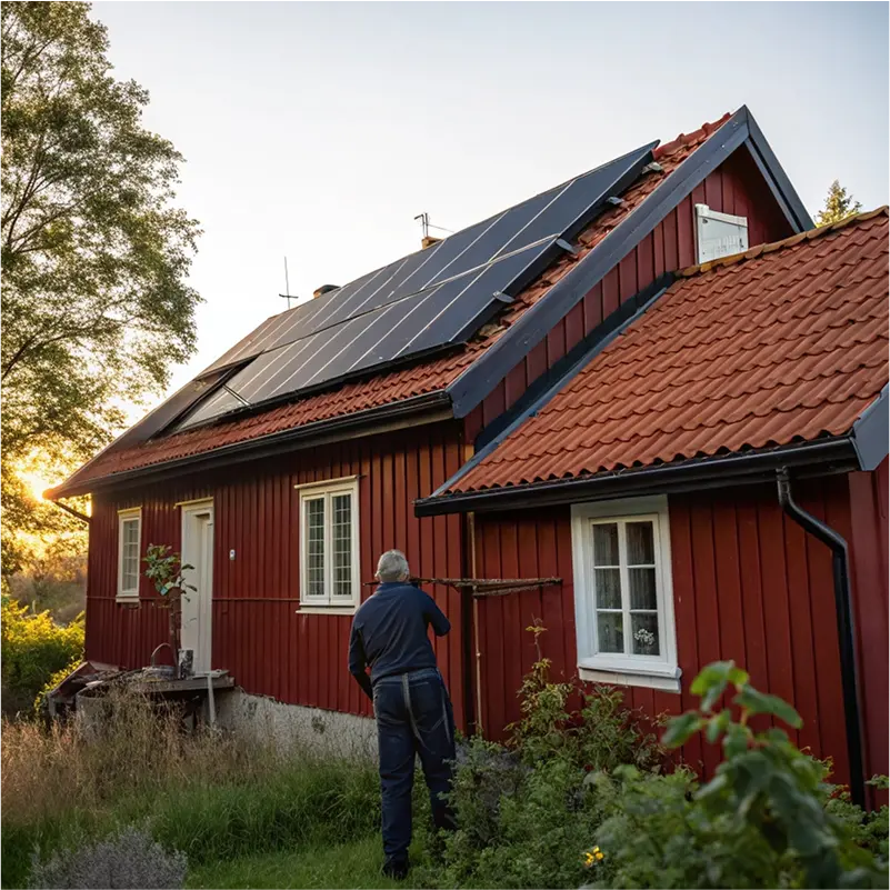 Hus med solceller i sommarmiljö